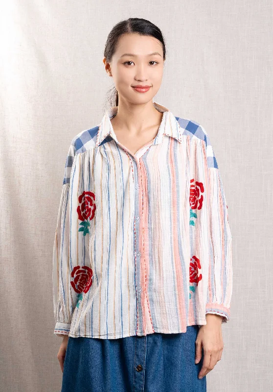 navy blue floral shirts boho -Blouse 163724 Multi-Stripe