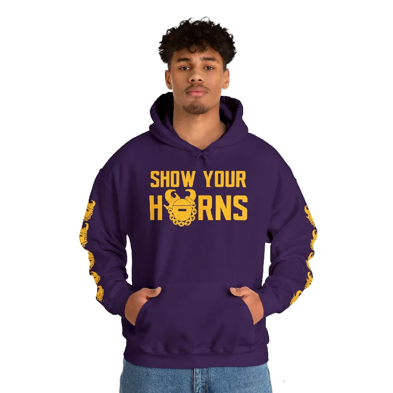 hoodie comfy cotton -Unisex Heavy Blend™ Hooded Sweatshirt - Show Your Horns + Game Day Helmet (Sleeves)