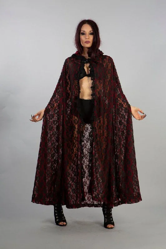 hoodie stylish layers -Cherryl Hooded Cape In Black Lace And Red Mesh Lining