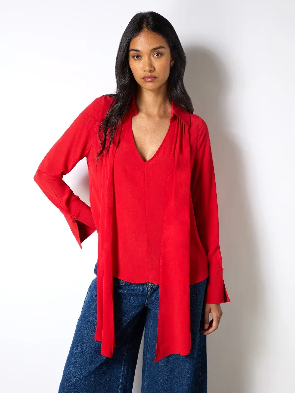 maroon chiffon shirts flowy -Red Tie Neck Blouse