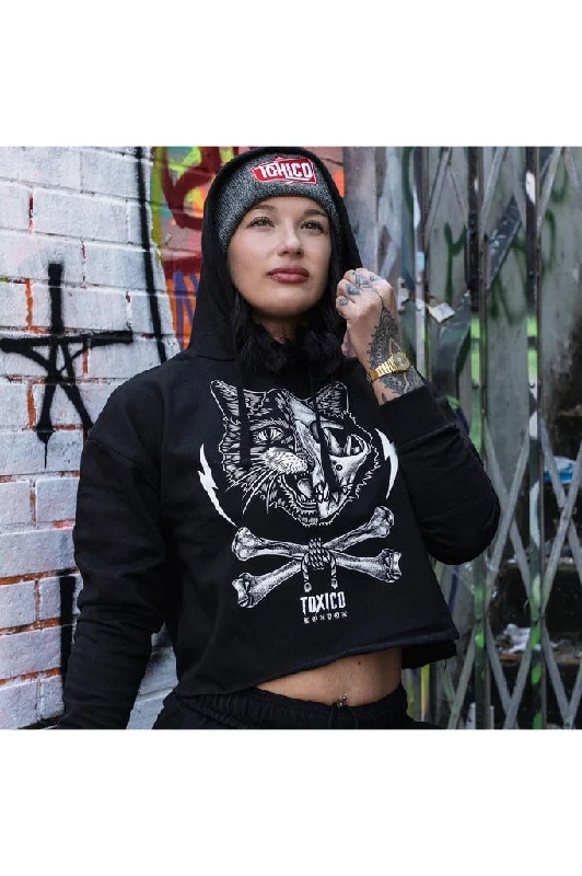 hoodie black -Cat Skull Cropped Pullover Hood