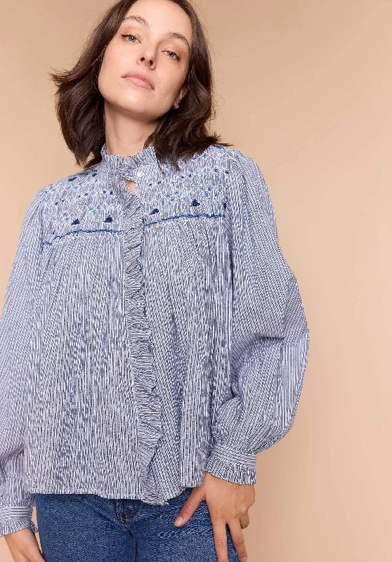 soft beige plaid blouses casual -Blouse Peuplier Stripe-Bleu