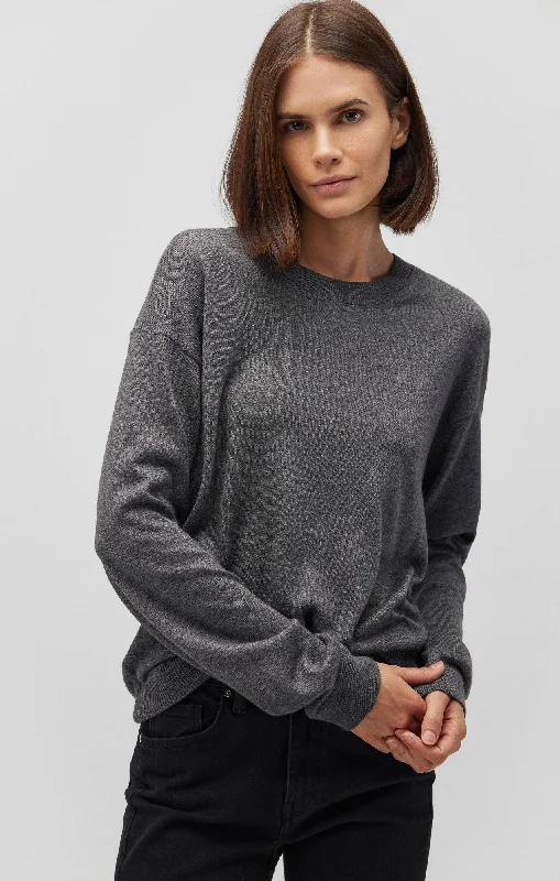 soft beige ribbed t-shirts textured -CREW NECK SWEATER IN MID GREY MELANGE