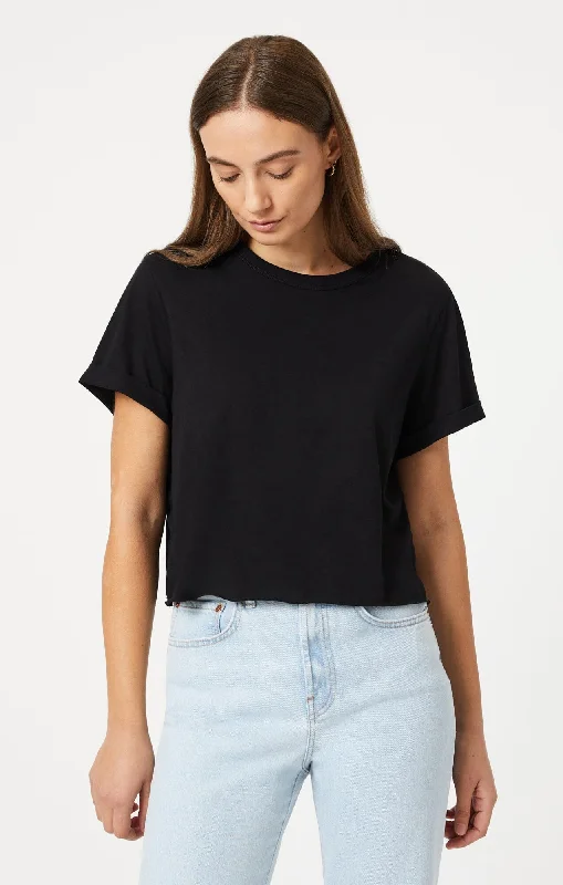 peach tie-front t-shirts cute -CROPPED T-SHIRT IN BLACK