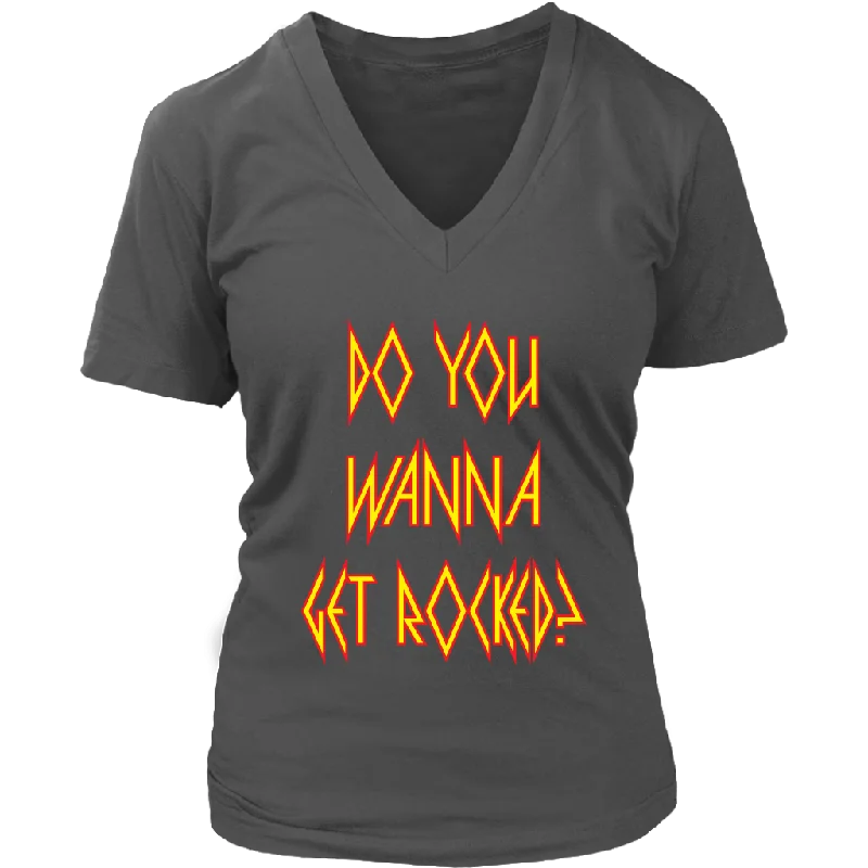 khaki ribbed t-shirts textured -DO YOU WANNA GET ROCKED? Def Leppard Women's V-Neck T-Shirt