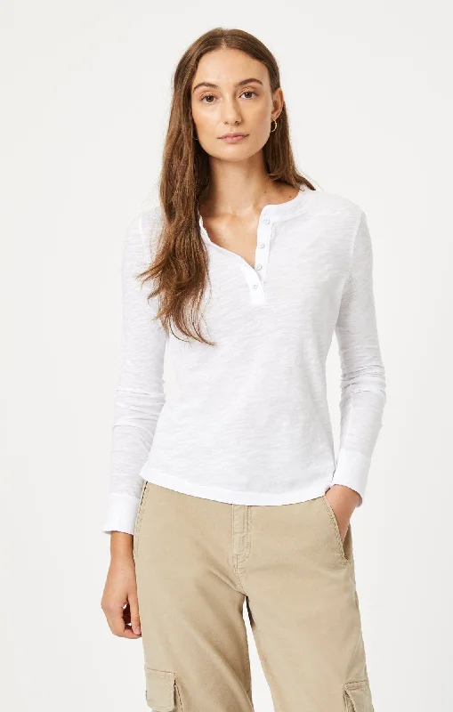 taupe tie-front t-shirts cute -HENLEY T-SHIRT IN WHITE