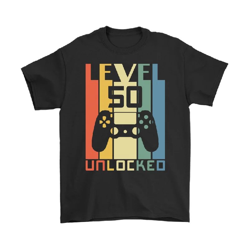 olive eco cotton t-shirts green -LEVEL 50 UNLOCKED 50th BIRTHDAY T-Shirt Gamer, Retro Look, Men's or Women's