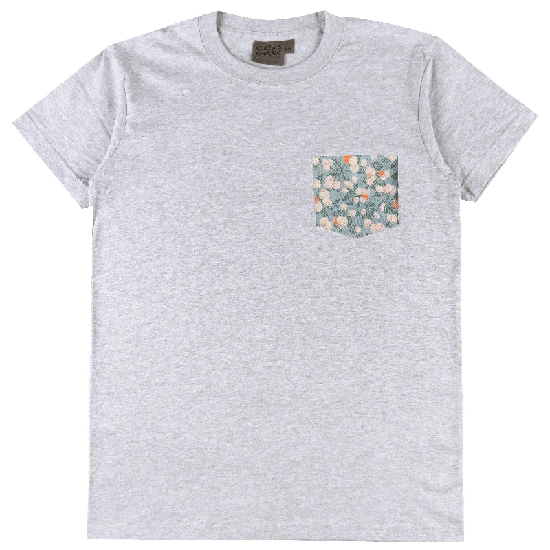 lilac floral t-shirts boho -Pocket Tee - Heather Grey - Fruit Print - Cyan