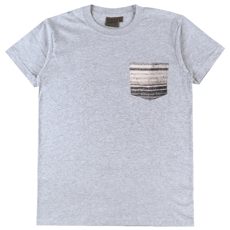 sage green long sleeve t-shirts cozy -Pocket Tee - Heather Grey + Heavyweight Stripe Grey