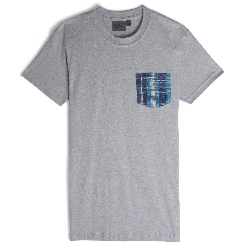 olive vintage wash t-shirts casual -Pocket Tee - Heather Grey - Indigo Retro Plaid - Indigo