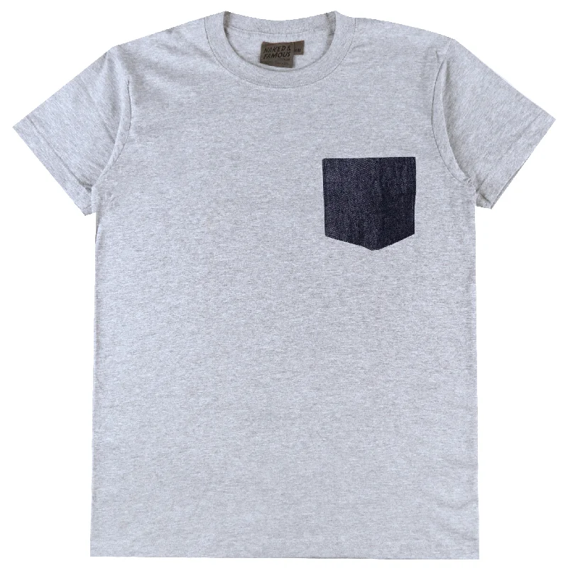 peach ribbed t-shirts textured -Pocket Tee - Heather Grey + Slub Nep Rinsed Denim