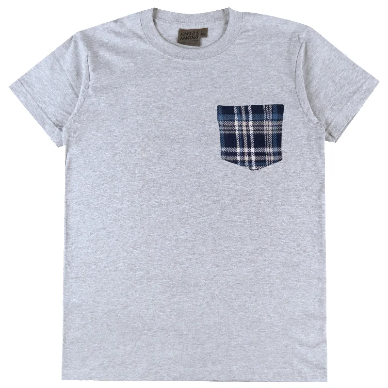 burnt orange floral t-shirts boho -Pocket Tee - Heather Grey + Triple Yarn Twill Check Brush - Navy