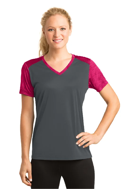 coral longline t-shirts modern -Sport-Tek Womens CamoHex Moisture Wicking Short Sleeve V-Neck T-Shirt - Iron Grey/Raspberry Pink - Closeout