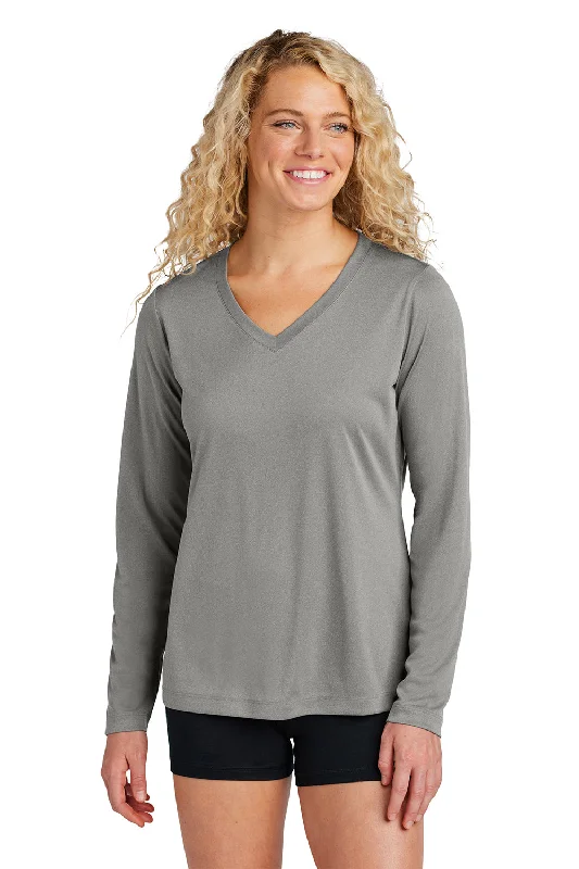 teal long sleeve t-shirts cozy -Sport-Tek Womens Competitor Moisture Wicking Long Sleeve V-Neck T-Shirt - Heather Concrete Grey