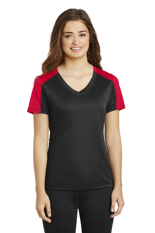 khaki cropped t-shirts chic -Sport-Tek Womens Competitor Moisture Wicking Short Sleeve V-Neck T-Shirt - Black/True Red - Closeout