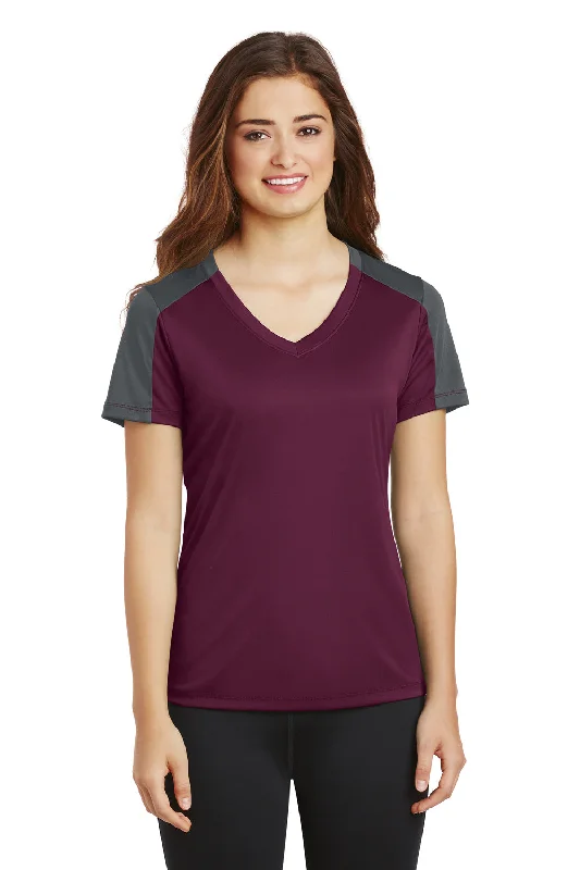 teal floral t-shirts boho -Sport-Tek Womens Competitor Moisture Wicking Short Sleeve V-Neck T-Shirt - Maroon/Iron Grey - Closeout