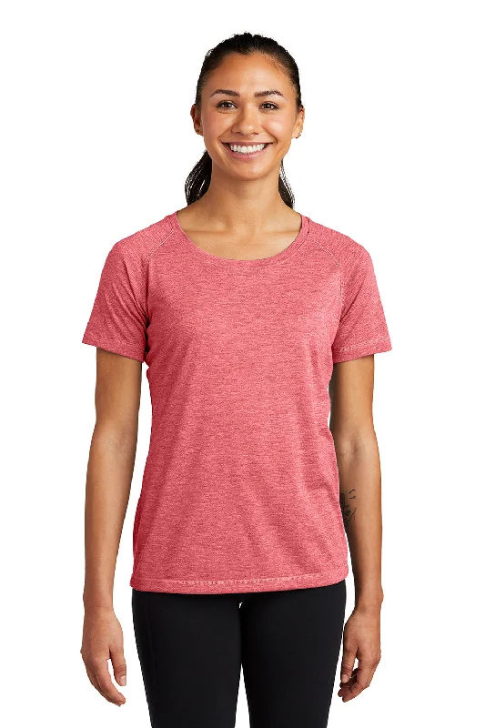 burnt orange performance t-shirts for running -Sport-Tek Womens Moisture Wicking Short Sleeve Scoop Neck T-Shirt - Heather True Red