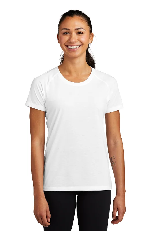 peach ribbed t-shirts textured -Sport-Tek Womens Moisture Wicking Short Sleeve Scoop Neck T-Shirt - White