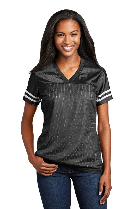 khaki ribbed t-shirts textured -Sport-Tek Womens Short Sleeve V-Neck T-Shirt - Black/White