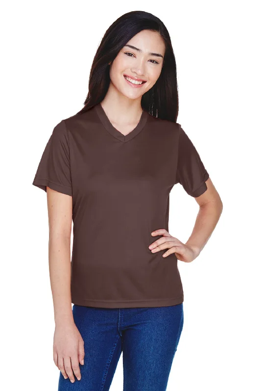 burnt orange crew neck t-shirts basic -Team 365 Womens Zone Performance Moisture Wicking Short Sleeve V-Neck T-Shirt - Dark Brown