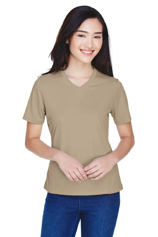 olive festival t-shirts stylish -Team 365 Womens Zone Performance Moisture Wicking Short Sleeve V-Neck T-Shirt - Desert Khaki