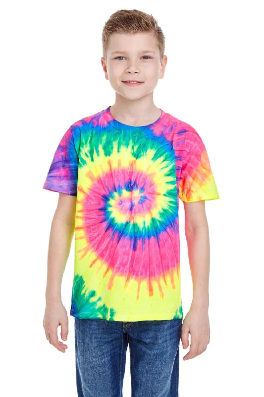 burnt orange retro t-shirts vintage -Tie-Dye Youth Short Sleeve Crewneck T-Shirt - Neon Rainbow