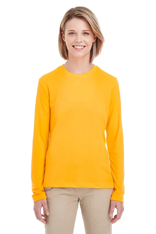 coral pocket t-shirts casual -UltraClub Womens Cool & Dry Performance Moisture Wicking Long Sleeve Crewneck T-Shirt - Gold