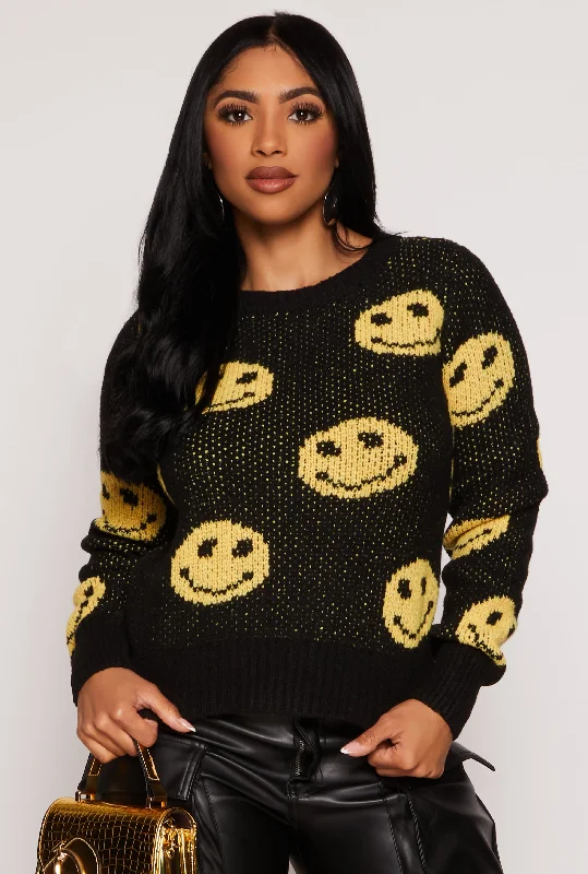 pullover sweater cable weave -Smiley Print Sweater