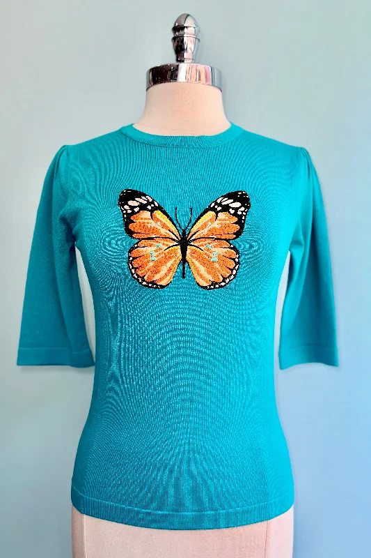 pullover sweater trendy green -Butterfly Embroidered Pullover Knit Top by Voodoo Vixen