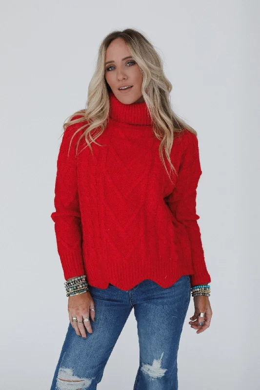 pullover sweater cozy navy -Coffee Chats Scallop Hem Sweater - Ruby