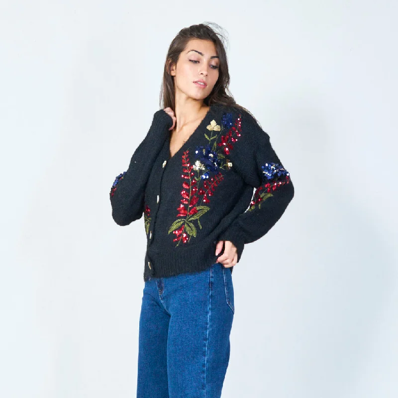 cardigan laidback black -Embroidered floral sequin cardigan wholesale