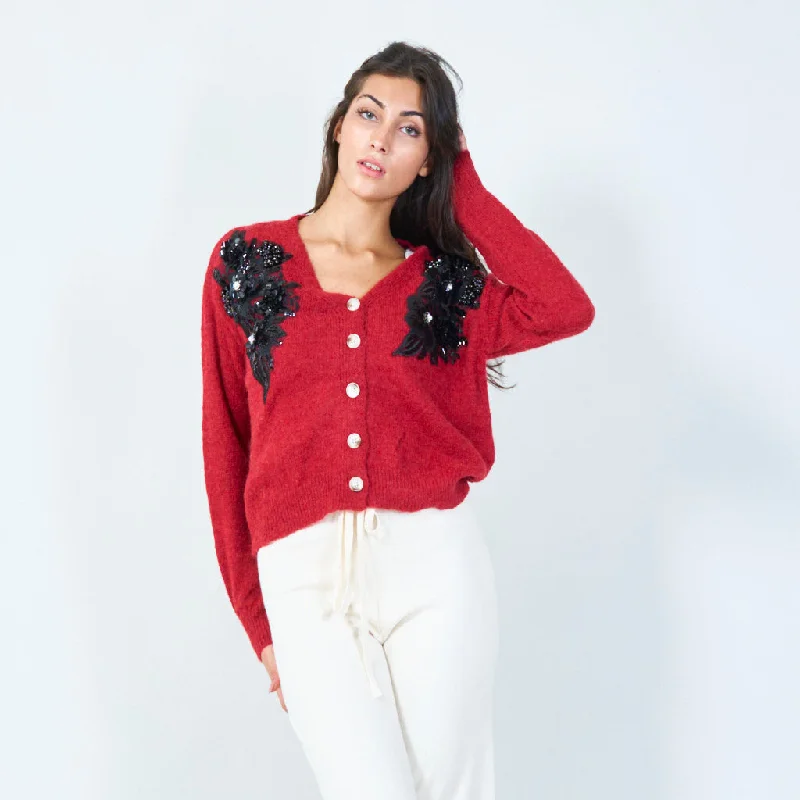 cardigan striking wool -Floral applique knit cardigan wholesale