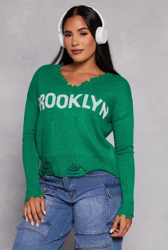 pullover sweater sporty chic -Brooklyn Graphic Distressed V Neck Sweater