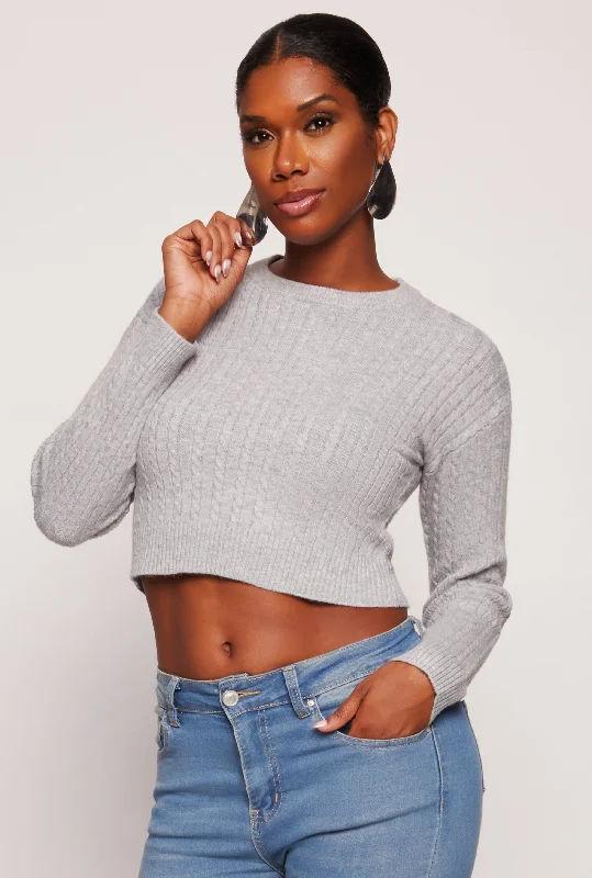 pullover sweater core style -Cable Knit Crew Neck Cropped Sweater