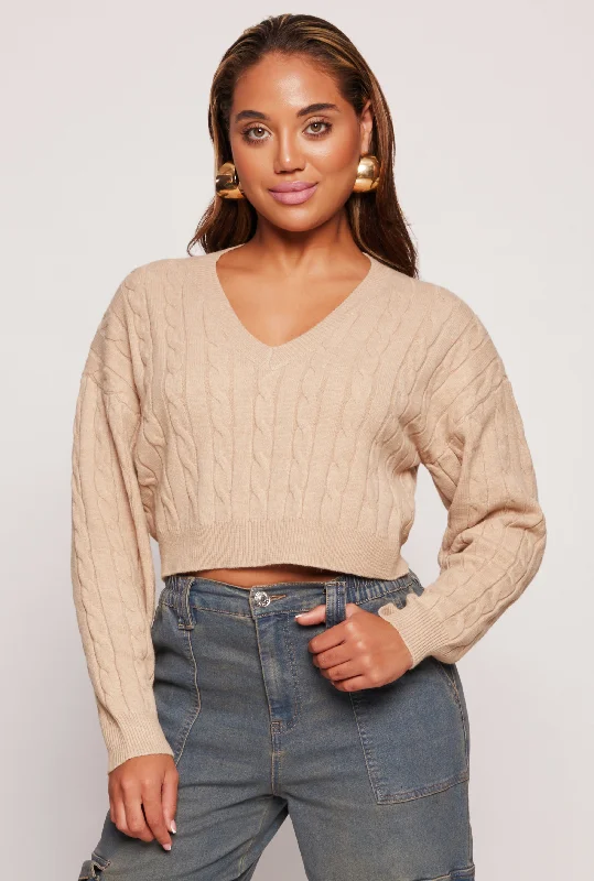 pullover sweater loose weave -Cable Knit V Neck Cropped Sweater