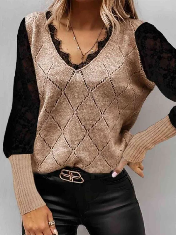 pullover sweater bold purple -Lace Decor V Neck Two Tone Sweater