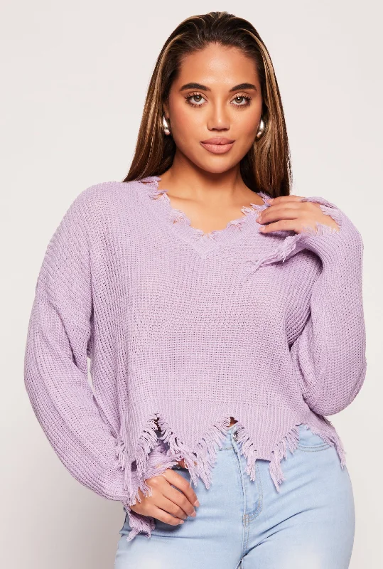 pullover sweater loud blue -Distressed Knit V Neck Sweater