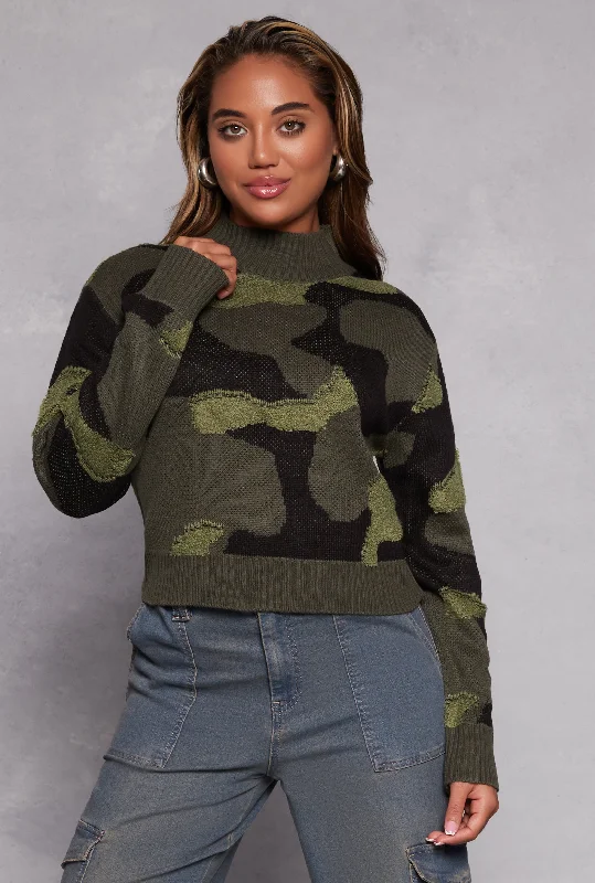 pullover sweater low key -Camo Mock Neck Pullover Sweater