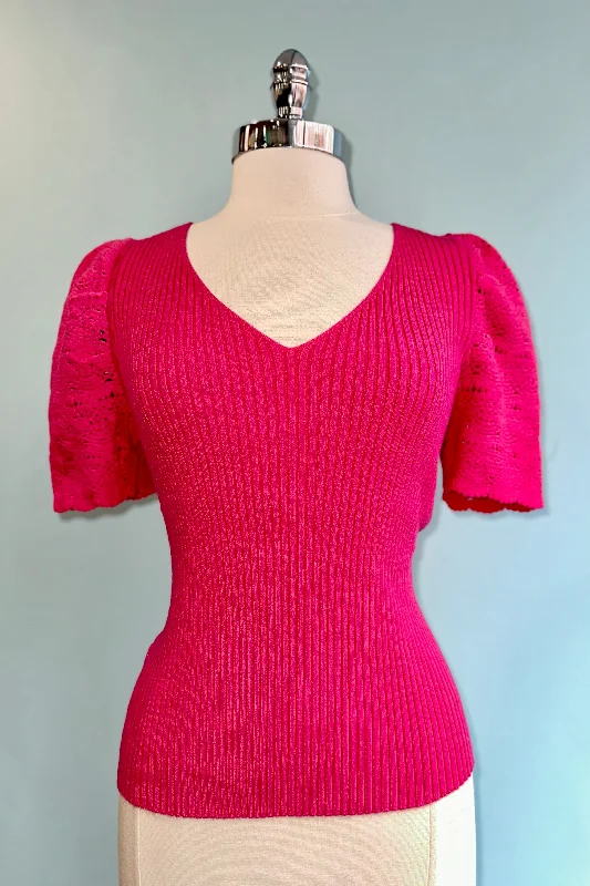 pullover sweater heated knit -Bright Pink V-Neck Ribbed Sweater