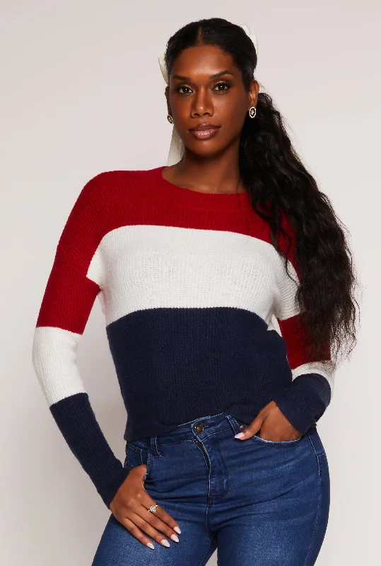 pullover sweater crisp pink -Color Block Crew Neck Sweater