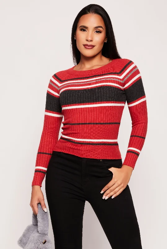 pullover sweater easy blue -Ribbed Knit Striped Sweater