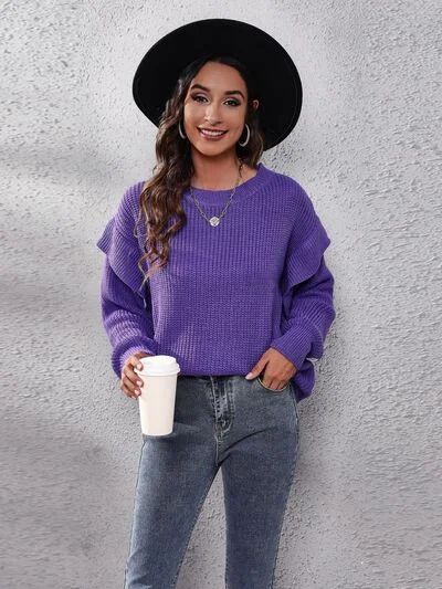 pullover sweater chill purple -Ruffled Round Neck Dropped Shoulder Sweater