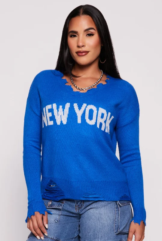 pullover sweater round neck -New York Graphic Distressed V Neck Sweater