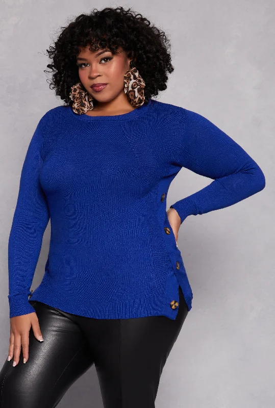 pullover sweater rugged knit -Plus Size Button Side Detail Crew Neck Sweater