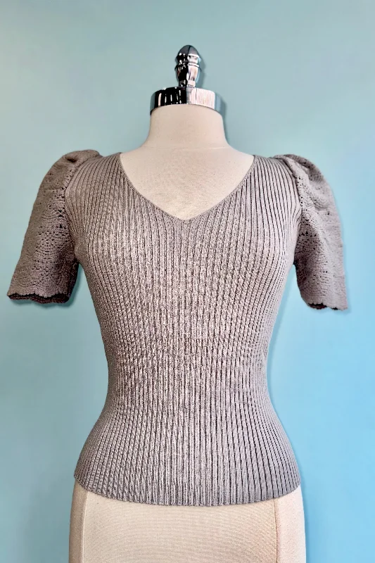 pullover sweater thin layer -Silver Grey V-Neck Ribbed Sweater