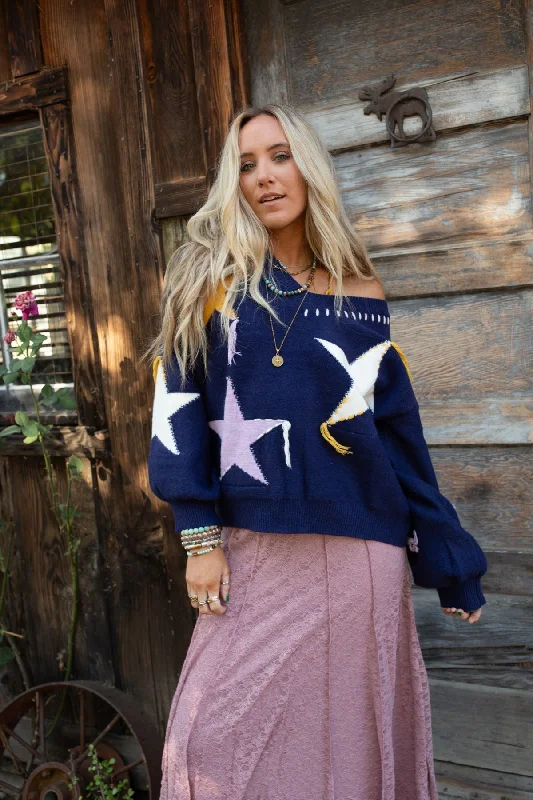 pullover sweater dotted -Stellar Groove Star Print Sweater - Navy