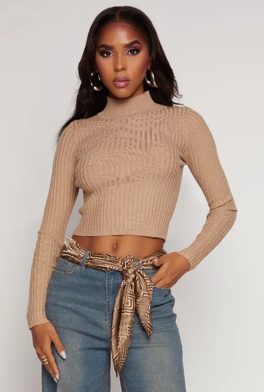 pullover sweater smoky grey -Ribbed Knit Mock Neck Cropped Sweater