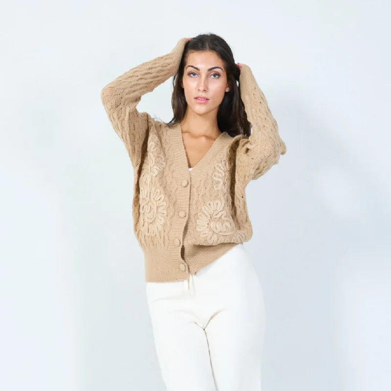 cardigan flowing fabric -Textured knit cardigan with floral embroidery wholesale