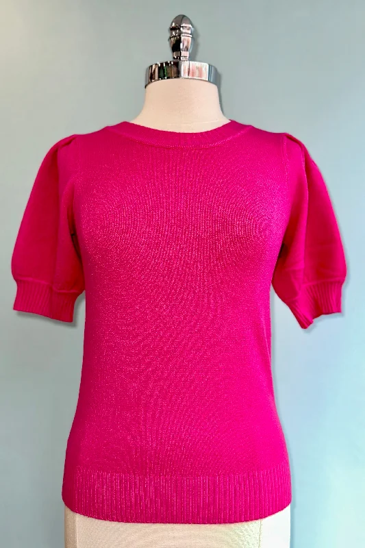 pullover sweater drapey maroon -Viva Magenta Round Neck Short Sleeve Sweater