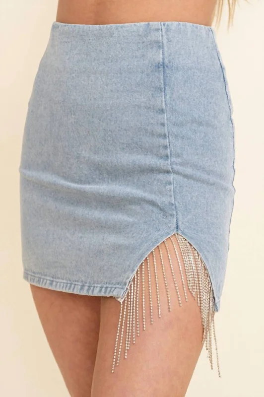 sage green asymmetrical skirts modern -Dance With Me Rhinestone Fringe Pencil Skirt In Light Denim